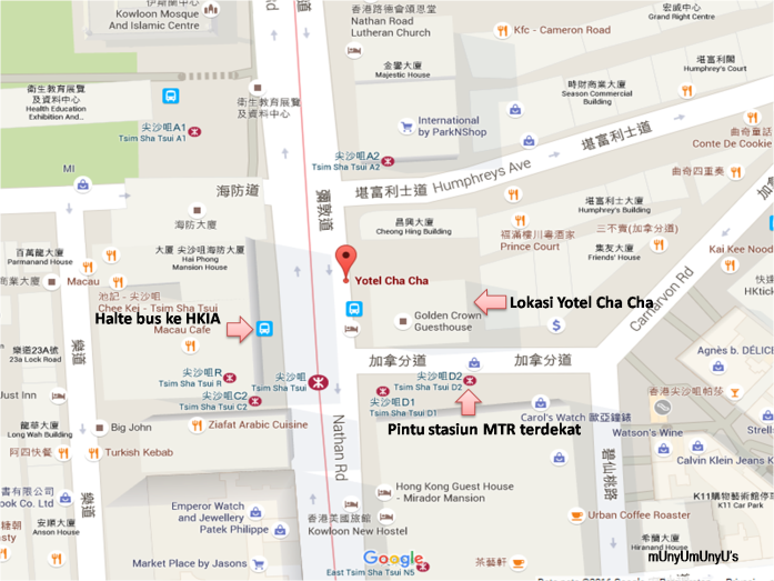 Ini hasil screenshot dari google maps posisi Yotel Cha Cha. Cukup strategis, dekat dengan stasiun MTR dan halte bus.